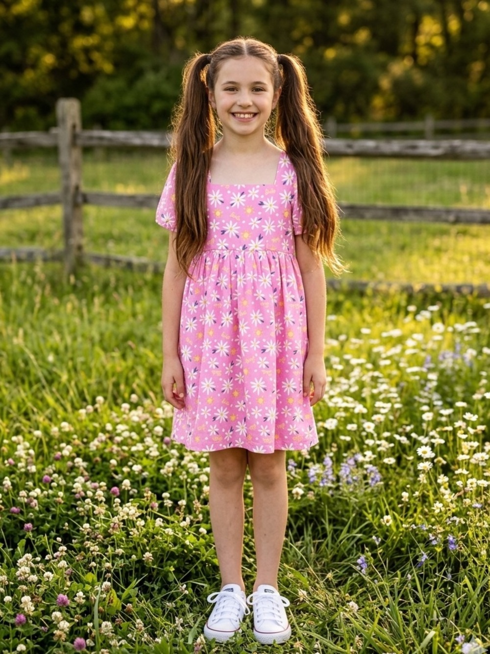 Girls' Barbie Cotton Puff Sleeve Daisy Dress in Pink